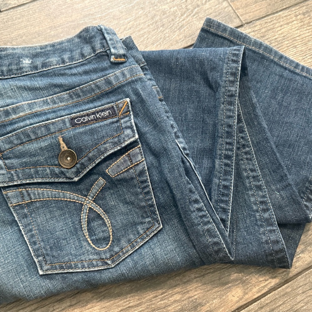 Ck Calvin Klein medium wash lean boot cut stretch flap pocket jeans 12 denim